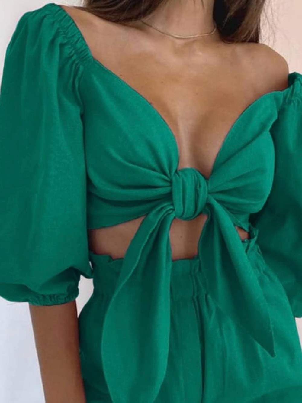 Green Tie-Front Puff Sleeve Crop Top